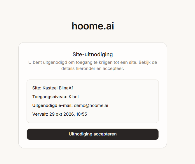 De uitnodigingspagina als je aangemeld bent