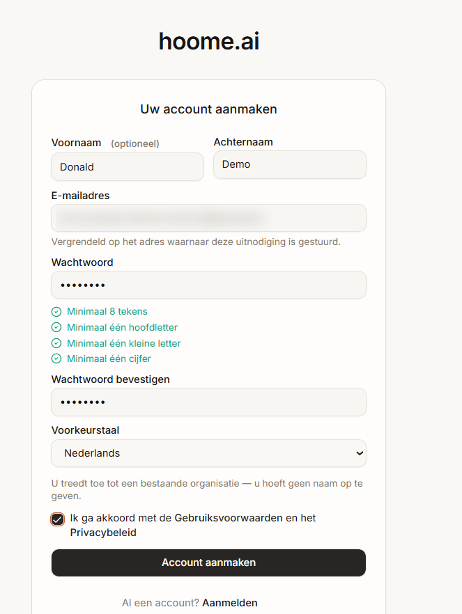 Het registratieformulier via een uitnodiging