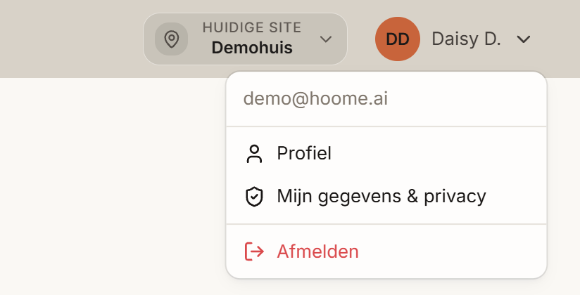 Het gebruikersmenu rechtsboven