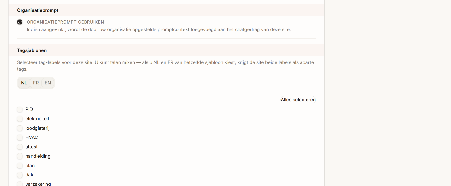 De tagsjablonen onderaan het formulier