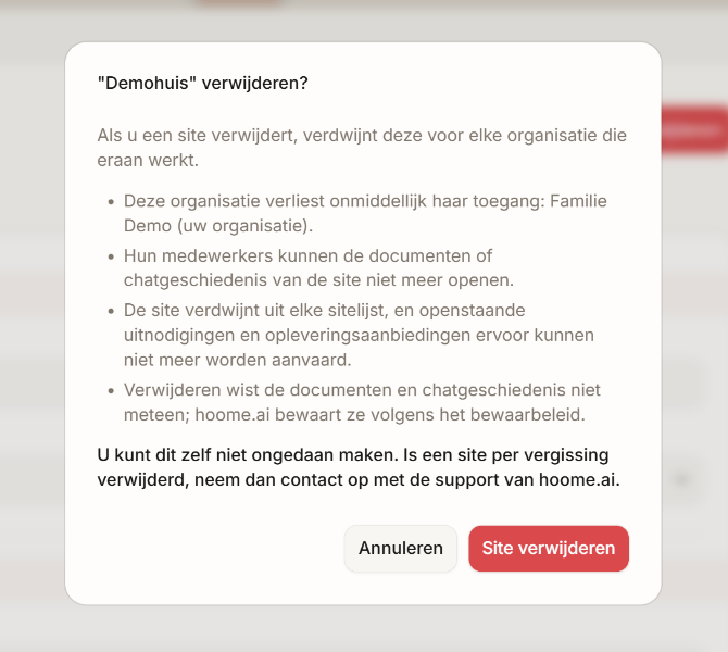 Het bevestigingsvenster om een site te verwijderen