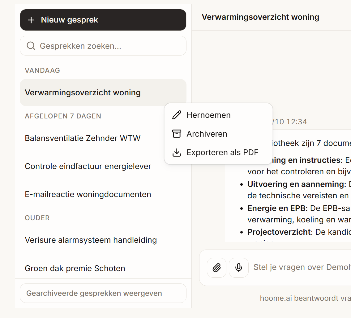 Het menu van een gesprek met Exporteren als PDF