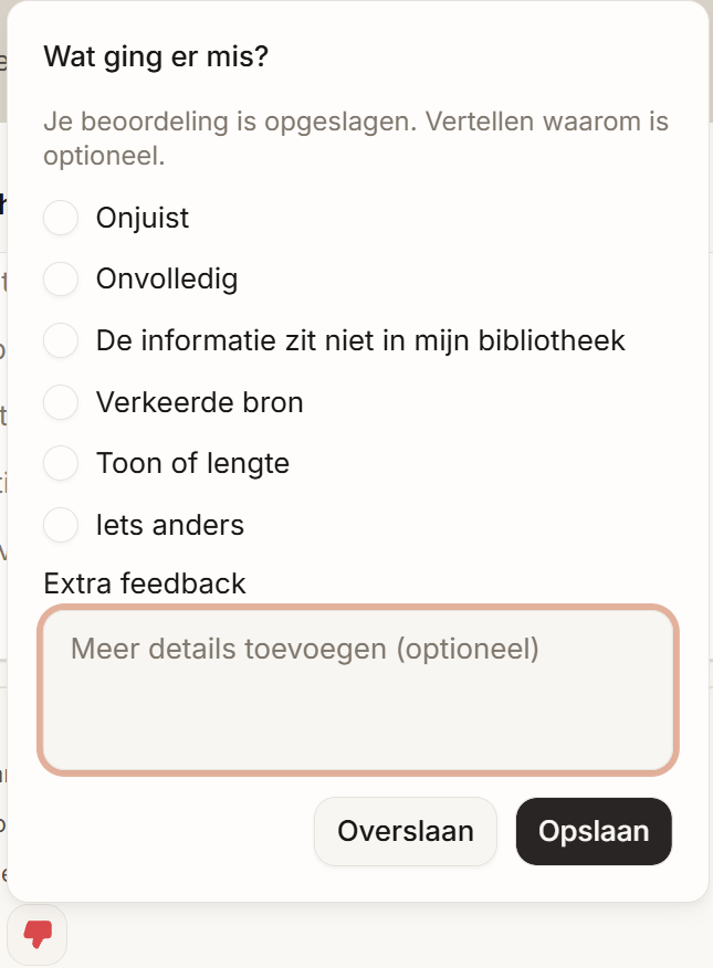 Het venster Wat ging er mis? na een duim omlaag