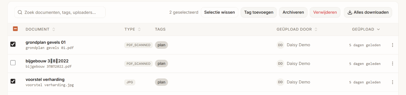 Twee documenten geselecteerd, met de selectiebalk