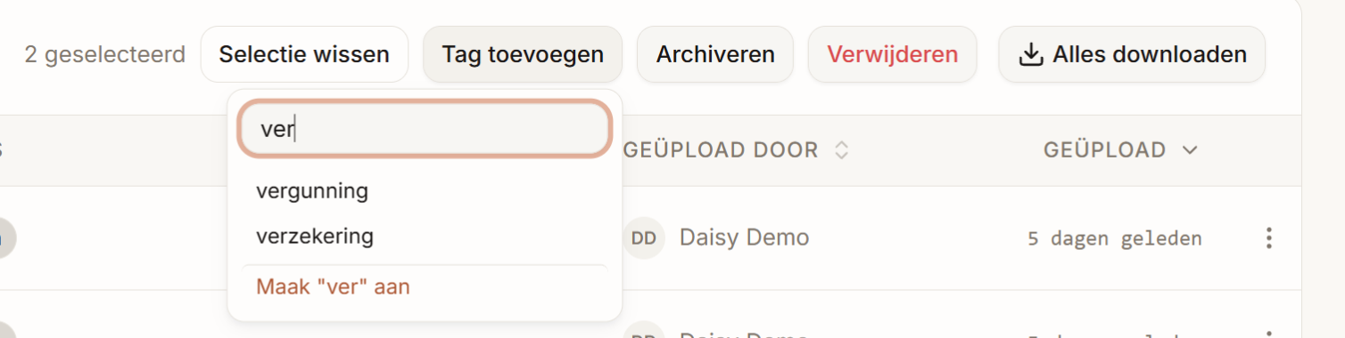 Het tagvenster met zoekveld