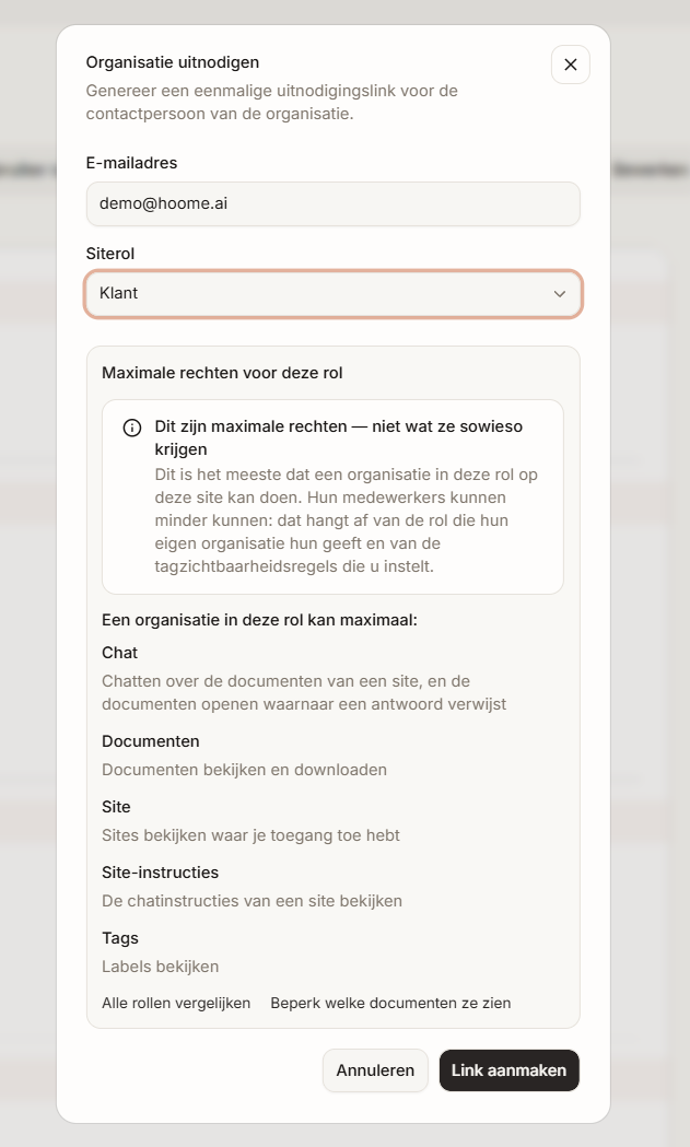 Het venster Organisatie uitnodigen