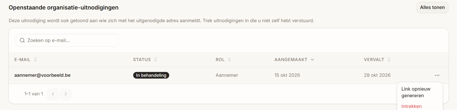 Een openstaande uitnodiging met het menu geopend
