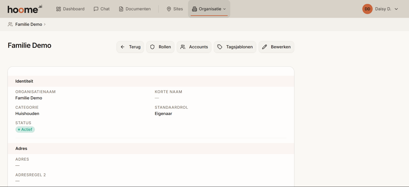 De pagina Organisatiedetails