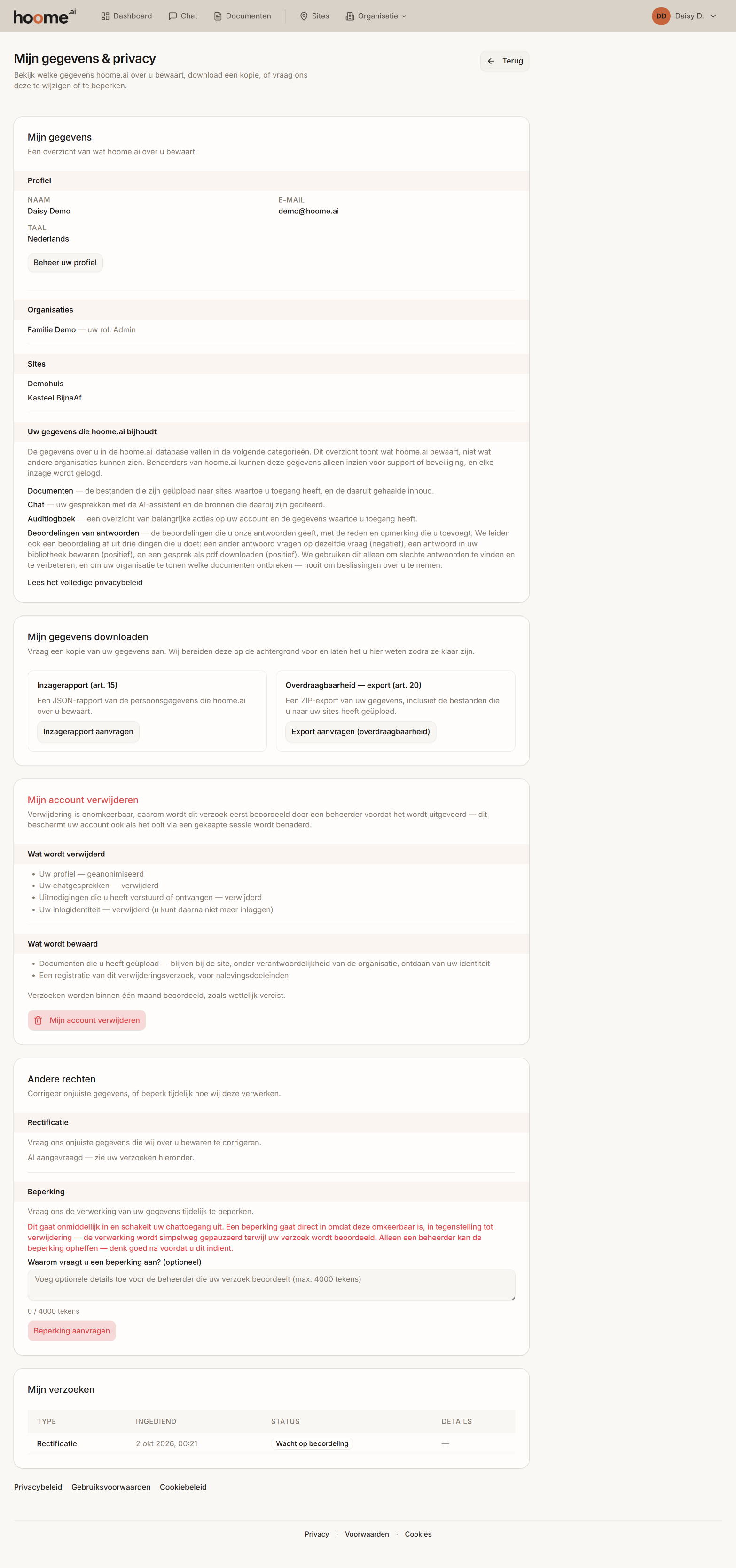 De pagina Mijn gegevens & privacy