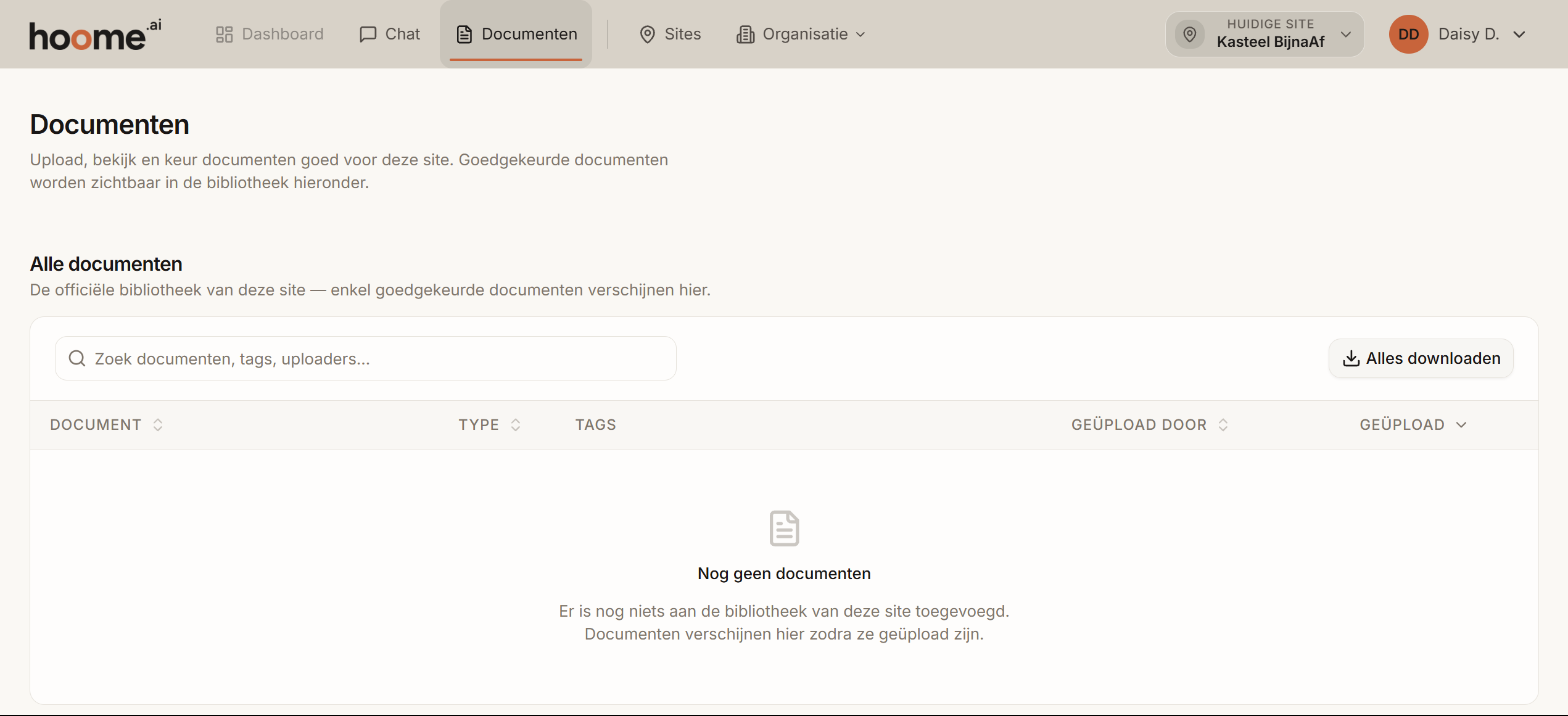 De documentenpagina van een site in aanbouw, gezien als Klant
